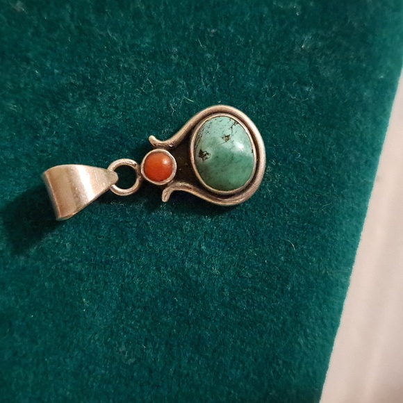 925 Signed Natural Coral and Turquoise Native American Pendant - Picture 3 of 6